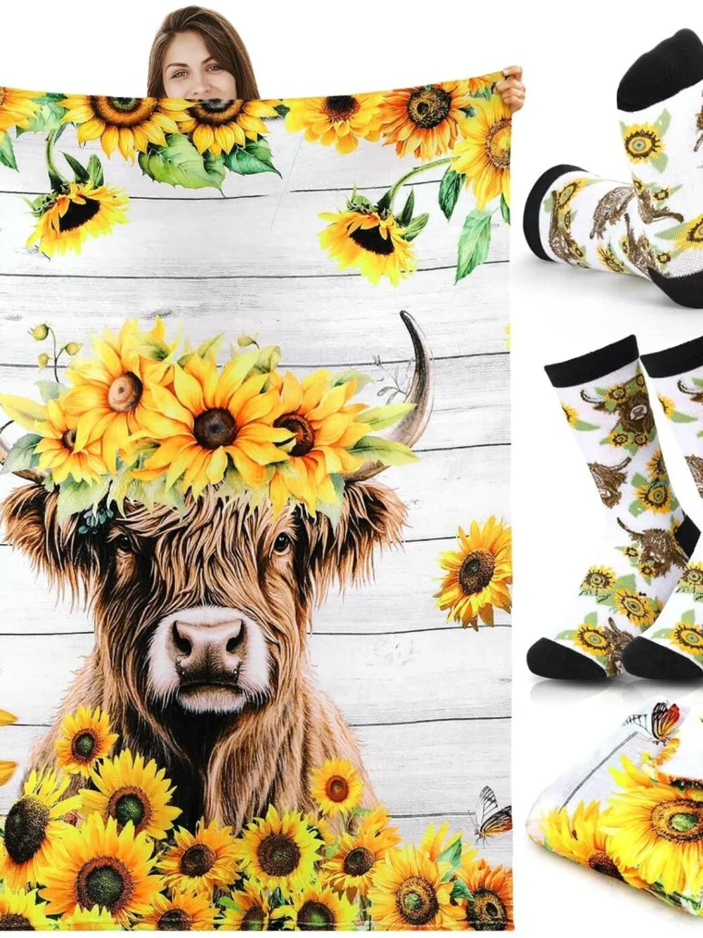 2 Pcs Sunflower Highland Cow Gifts Blanket and Socks Set, 50